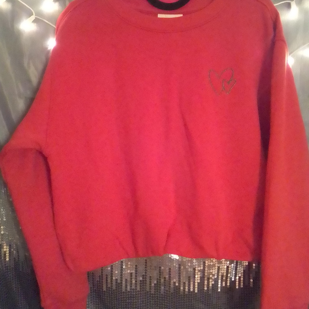Universal Thread Bold & Bright Red Sweater w/ 2 🖤's stitched on upper front.